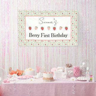 Strawberry Gingham First Birthday Party  Banner