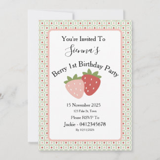 Strawberry Gingham First Birthday Party Invitation