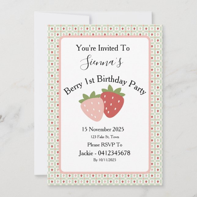 Strawberry Gingham First Birthday Party Invitation (Front)