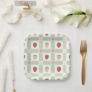Strawberry Gingham First Birthday Square Paper Plate