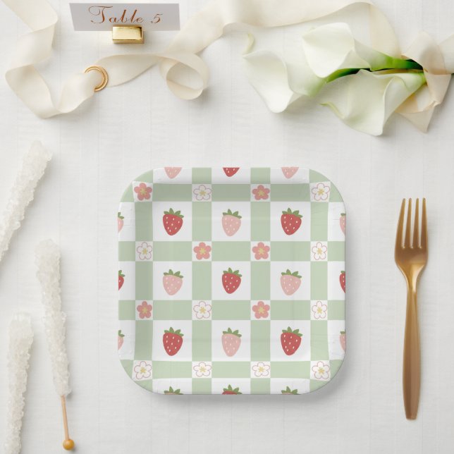 Strawberry Gingham First Birthday Square Paper Plate (Wedding)