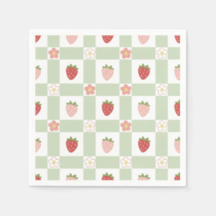 Strawberry Gingham Pastel Green 1st Birthday Napkin