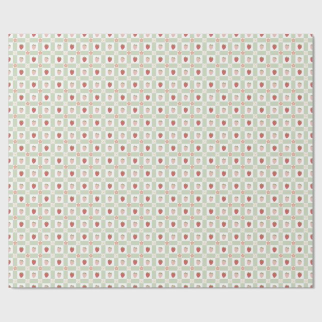 Strawberry Gingham Pastel Green 1st Birthday Wrapping Paper (Flat)