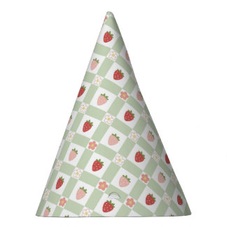 Strawberry Gingham Pastel Green Kids Party Hat
