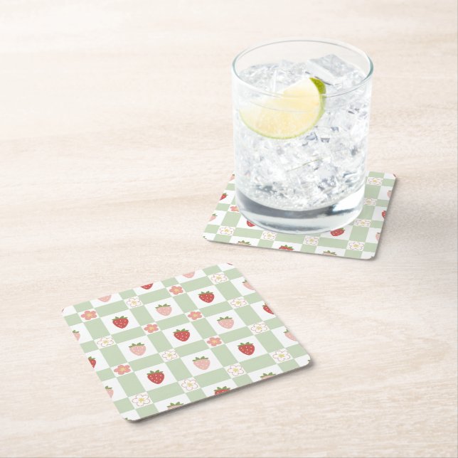 Strawberry Gingham Pastel Green Party Square Paper Coaster (Insitu)