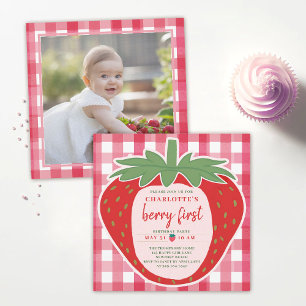 Strawberry Gingham Pink Cute Photo 1st Birthday Invitation