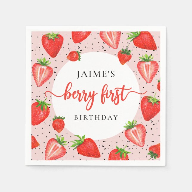 Strawberry Girl 1st Birthday Berry First Birthday Napkin (Front)
