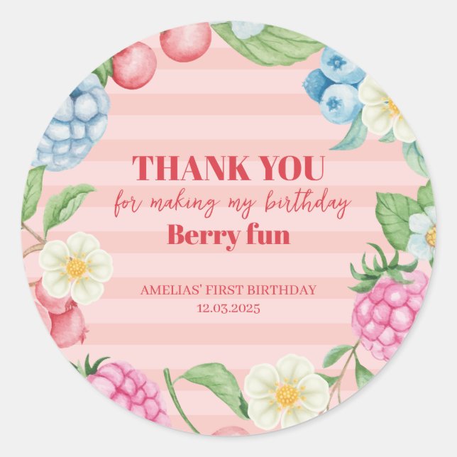 Strawberry girl 1st Birthday Berry Sweet Pink  Classic Round Sticker (Front)