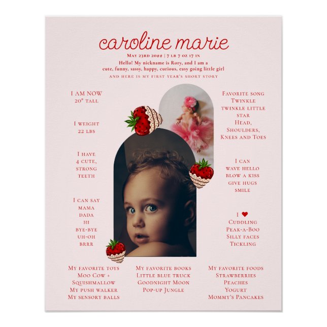 Strawberry Girl 1st Birthday Photo Milestone Board Poster (Front)