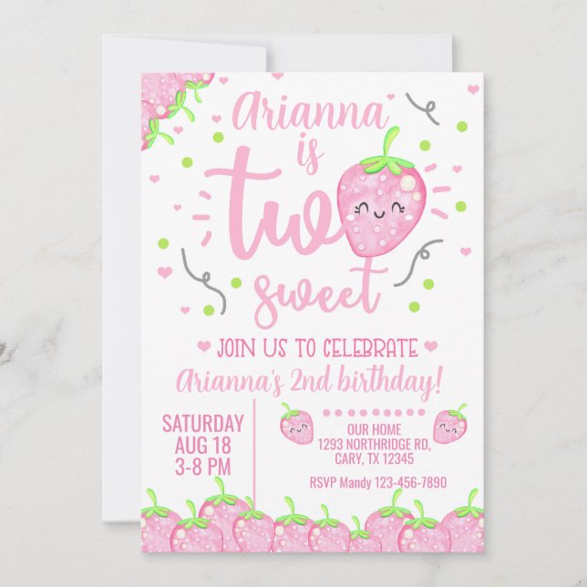Strawberry girl 2nd birthday invite, Two Sweet. Invitation (Front)