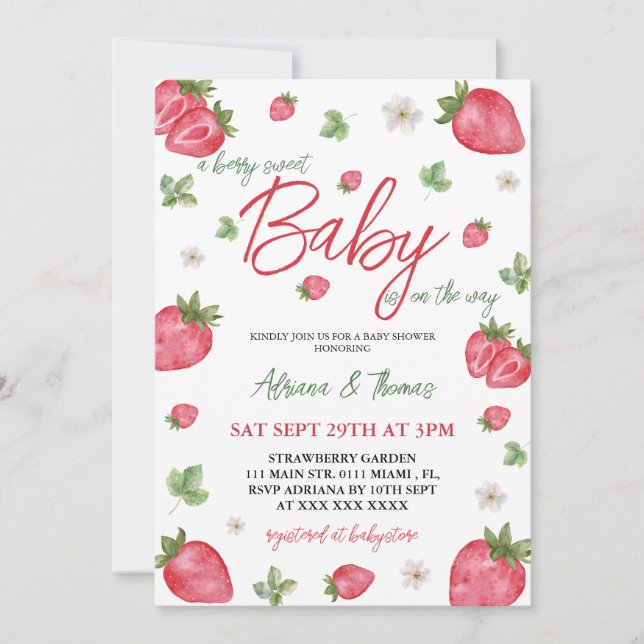 Strawberry Girl Baby Shower Watercolor Invitation (Front)