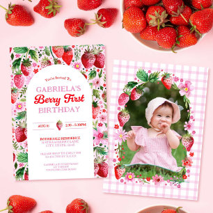 Strawberry Girl Berry 1st Birthday Pink Photo Invitation