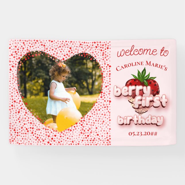 Strawberry Girl Berry First 1st Birthday Photo  Banner (Horizontal)