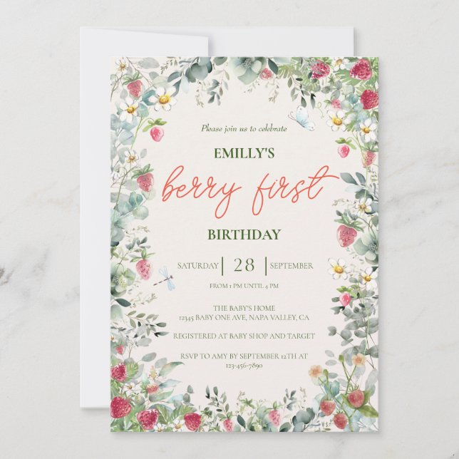 Strawberry Girl Berry First Birthday Invitation (Front)