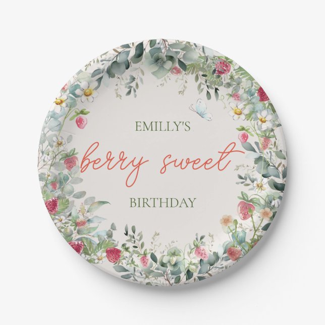 Strawberry Girl Berry First Birthday Paper Plate (Front)