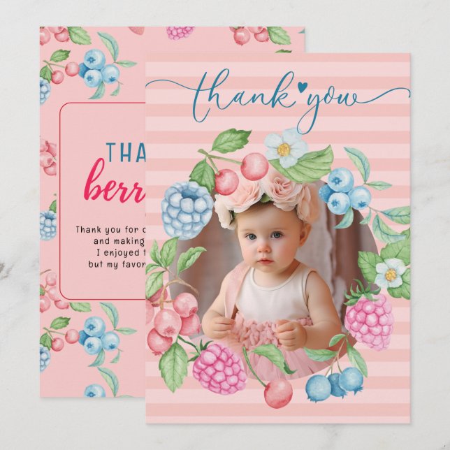 Strawberry Girl Birthday Berry Much Photo Thank Yo You Card (Front/Back)