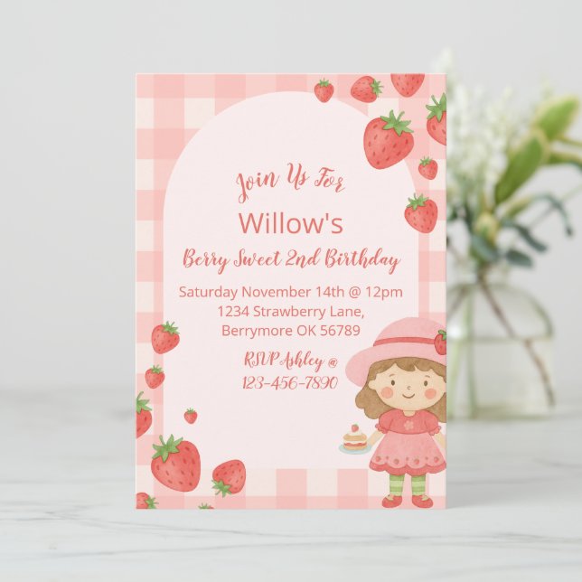 Strawberry Girl Birthday Invitation | Pink  (Standing Front)