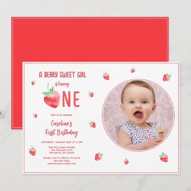 Strawberry Girl First Birthday Photo Invitation (Front/Back)
