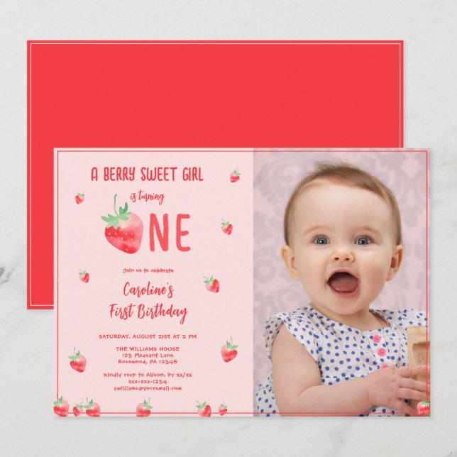 Strawberry Girl First Birthday Photo Invitation (Front/Back)