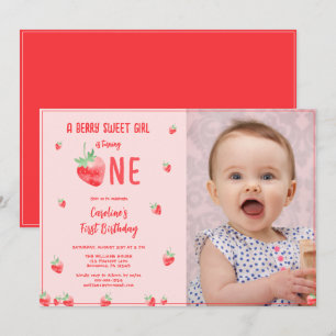 Strawberry Girl First Birthday Photo Invitation
