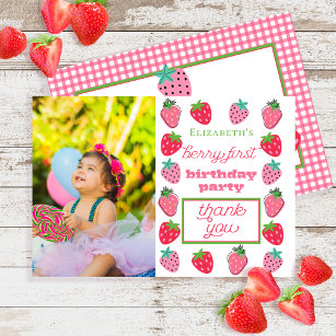 Strawberry Girl Photo Berry First Birthday Party  Thank You Card