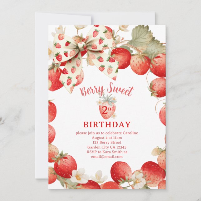 Strawberry Girls Berry Sweet Second Birthday Invitation (Front)