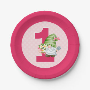 Strawberry Gnome Garden Baby Girl's 1st Birthday Paper Plate