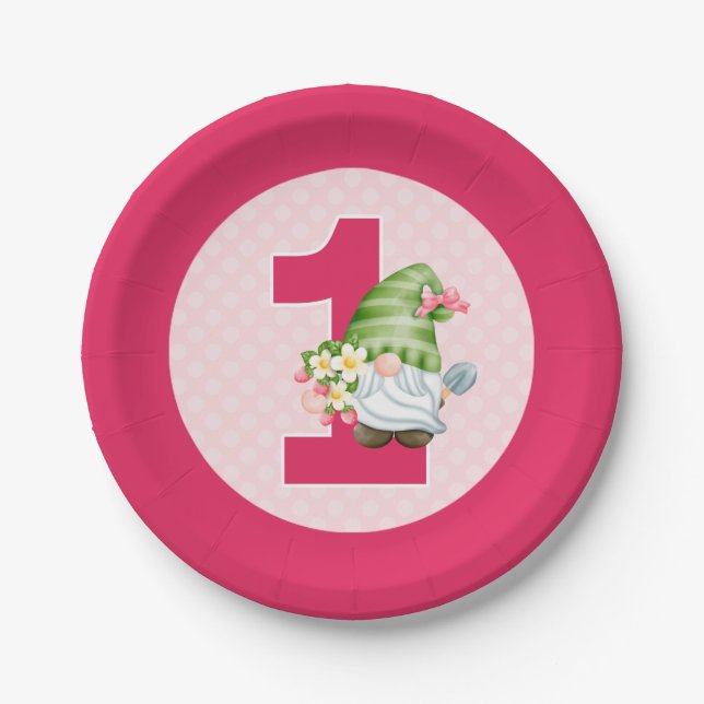 Strawberry Gnome Garden Baby Girl's 1st Birthday Paper Plate (Front)