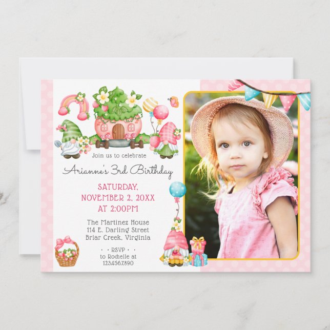 Strawberry Gnome Garden Girl's Birthday Photo Invitation (Front)