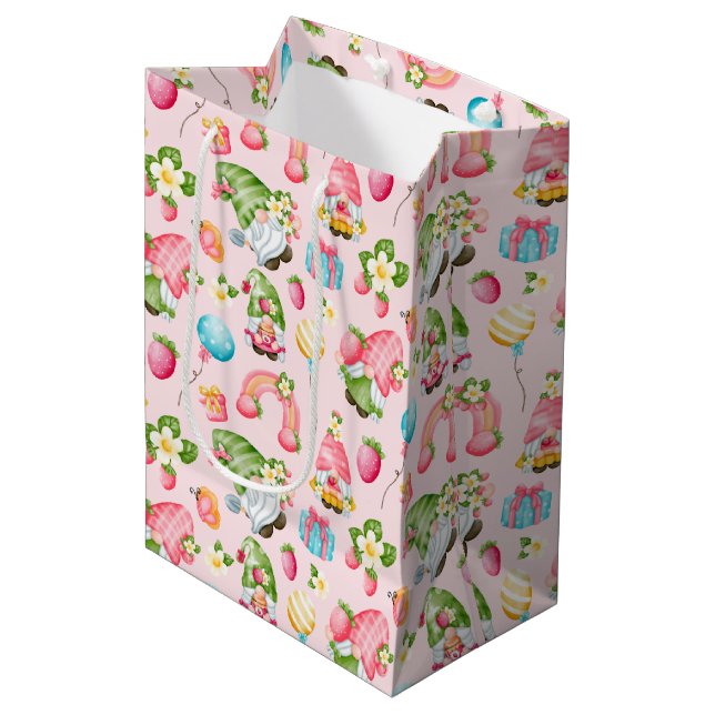 Strawberry Gnome Garden Little Girl's Birthday Medium Gift Bag (Front Angled)