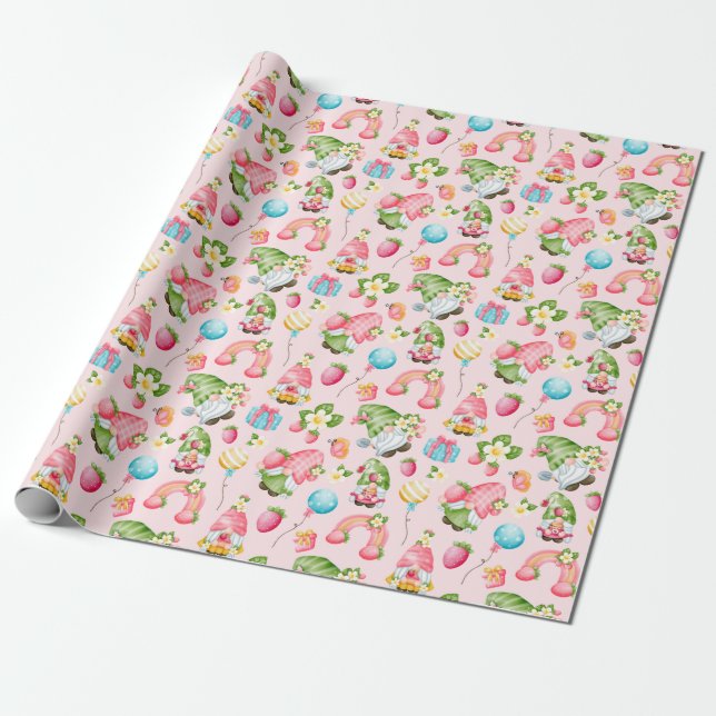 Strawberry Gnome Garden Little Girl's Birthday Wrapping Paper (Unrolled)