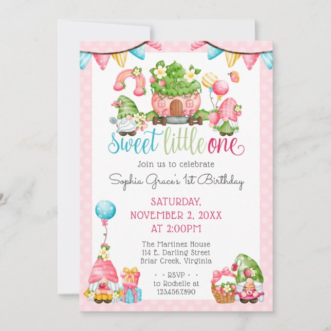 Strawberry Gnome Garden Little One 1st Birthday Invitation (Front)