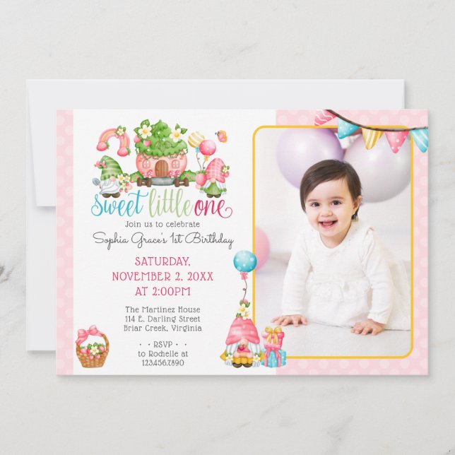 Strawberry Gnome Little One 1st Birthday Photo Invitation (Front)