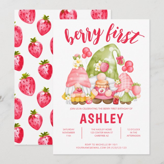 Strawberry Gnomes Berry First Birthday Invitation (Front/Back)