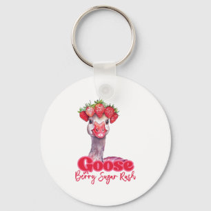 Strawberry Goose Funny Goose with Strawberries Key Ring