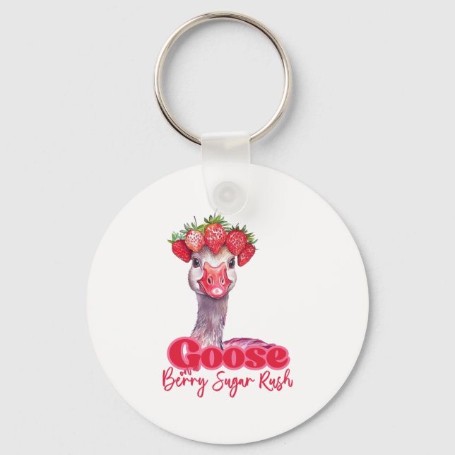 Strawberry Goose Funny Goose with Strawberries Key Ring (Front)