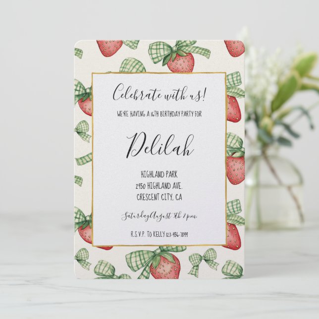 Strawberry Green Bows Birthday Invitation (Standing Front)