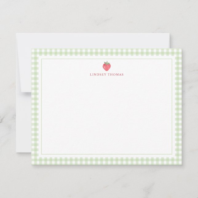 Strawberry Green Gingham Border Personalized Card (Front)