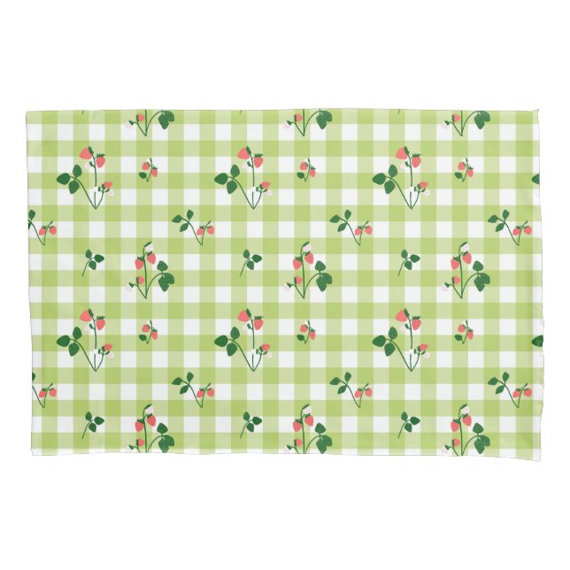 Strawberry Green Gingham Check Plaid Pattern  Pillowcase (Front-Left)