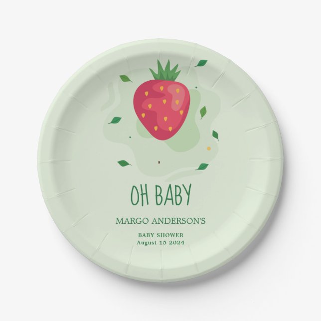 Strawberry Green Red Fruit Baby Shower Paper Plate (Front)