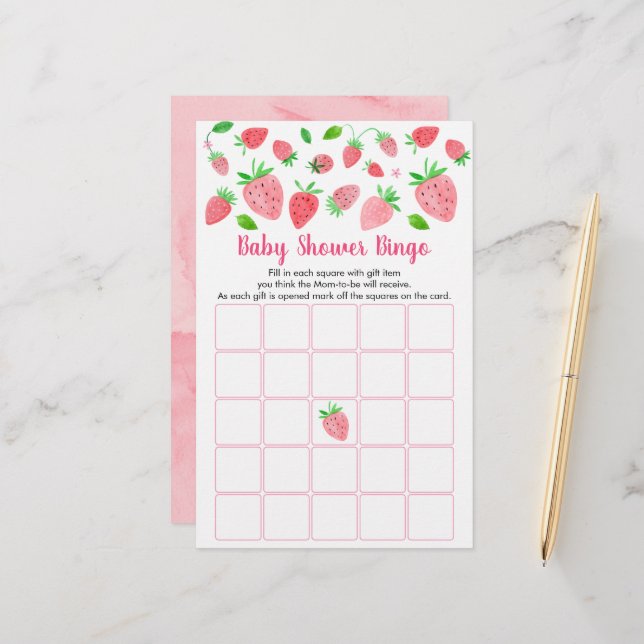 Strawberry Greenery Baby Shower Bingo Game (Front/Back In Situ)