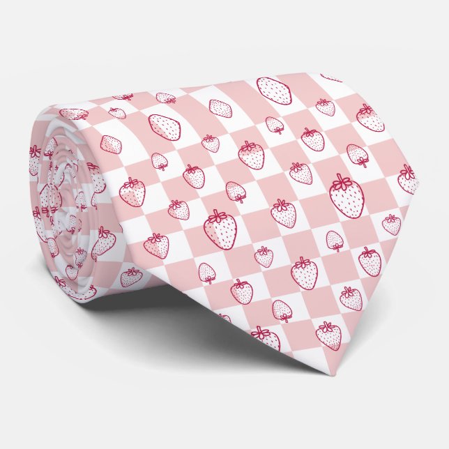 Strawberry Groovy Retro Chequerboard, Y2K 90s  Tie (Rolled)