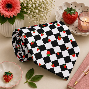 Strawberry Groovy Retro Chequerboard, Y2K 90s  Tie