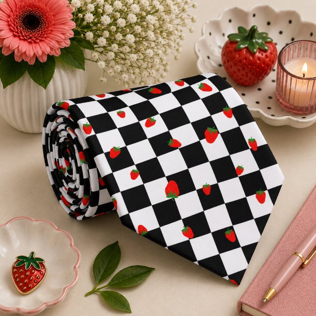 Strawberry Groovy Retro Chequerboard, Y2K 90s  Tie (Creator Uploaded)