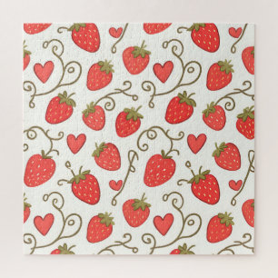 Strawberry Heart Pattern Cute Whimsical Jigsaw Puzzle