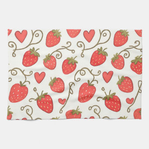 Strawberry Heart Pattern Cute Whimsical Tea Towel