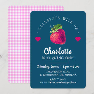 Strawberry Hearts Birthday Girl Blue Green Thank You Card