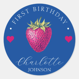 Strawberry Hearts Birthday Girl Dark Blue Classic Round Sticker