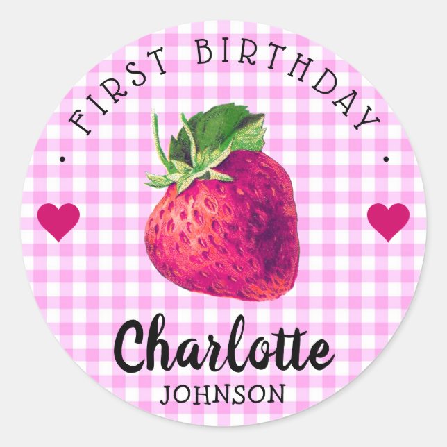 Strawberry Hearts Birthday Girl Pink Chequered Classic Round Sticker (Front)
