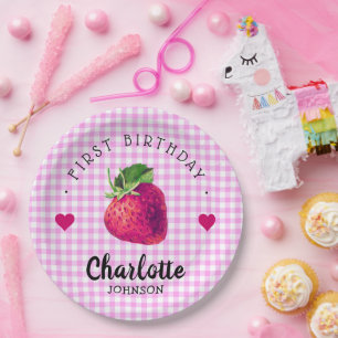 Strawberry Hearts Birthday Girl Pink Chequered Paper Plate
